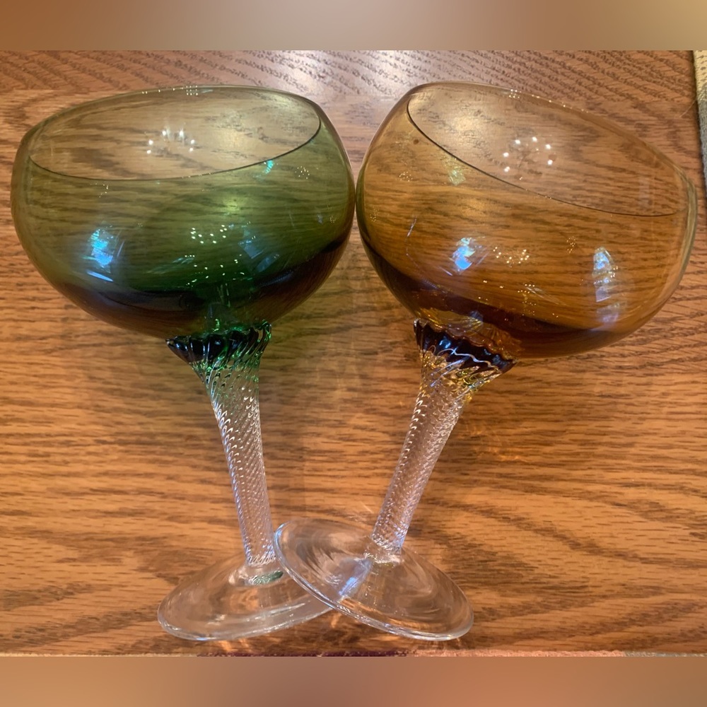 2 Fall/Autumn Wine / Martini Glasses - Green and Gold - Beautiful Stems
